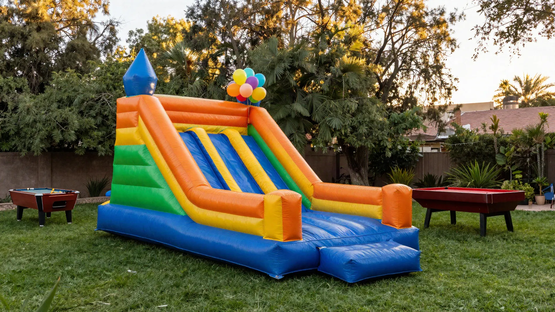 Castillo inflable con tobogán y mesa de pool armados en un jardín para un cumpleaños (foto ilustrativa)